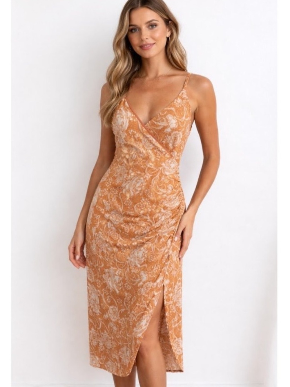 Joie Floral Paisley Ruched Midi Dress XL Womens New Ginger Orange White V-Neck